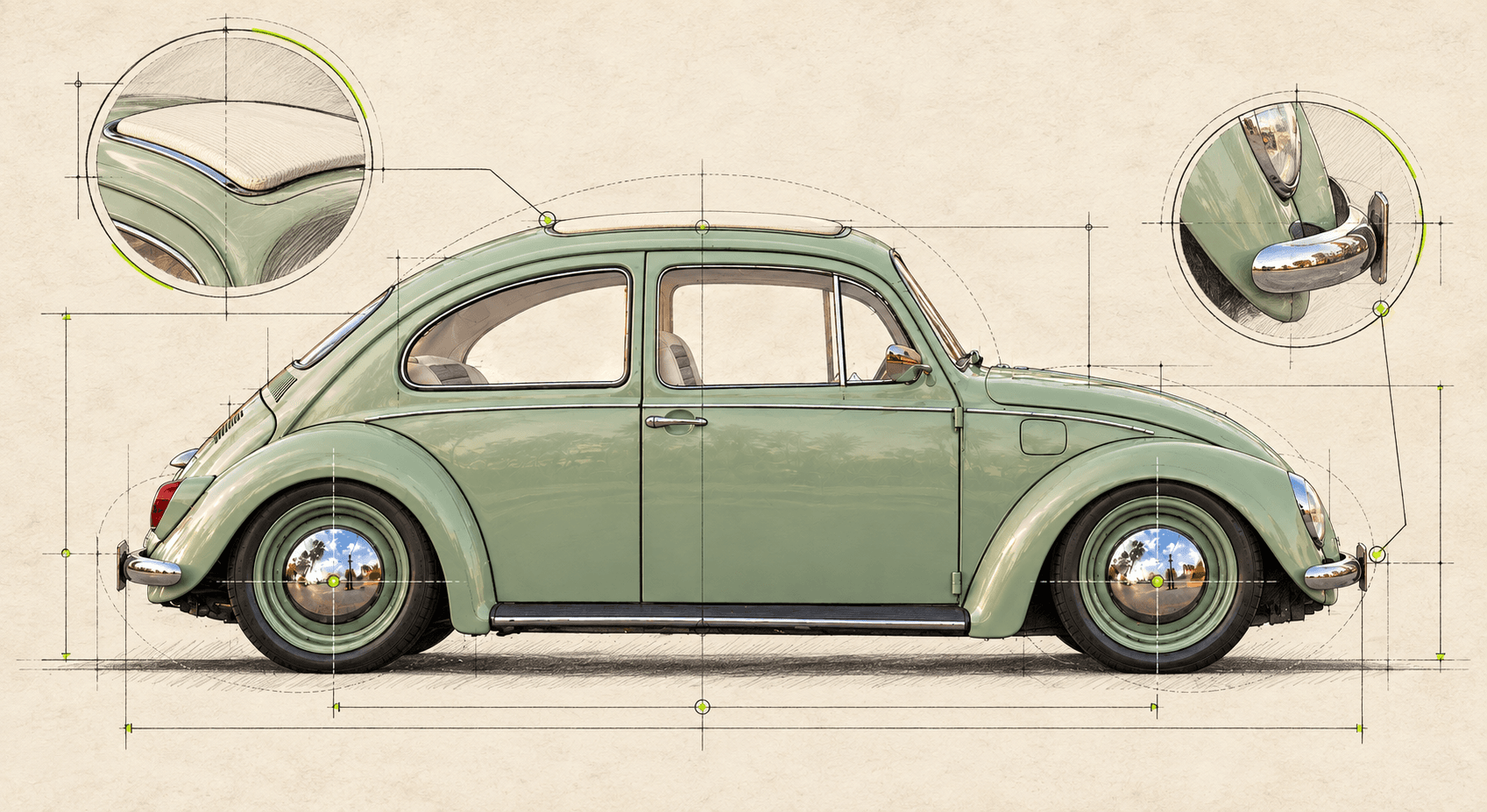 Side schematic of the pistachio Bug with dimension lines, and close-ups of the ragtop edge and the chrome blade bumper